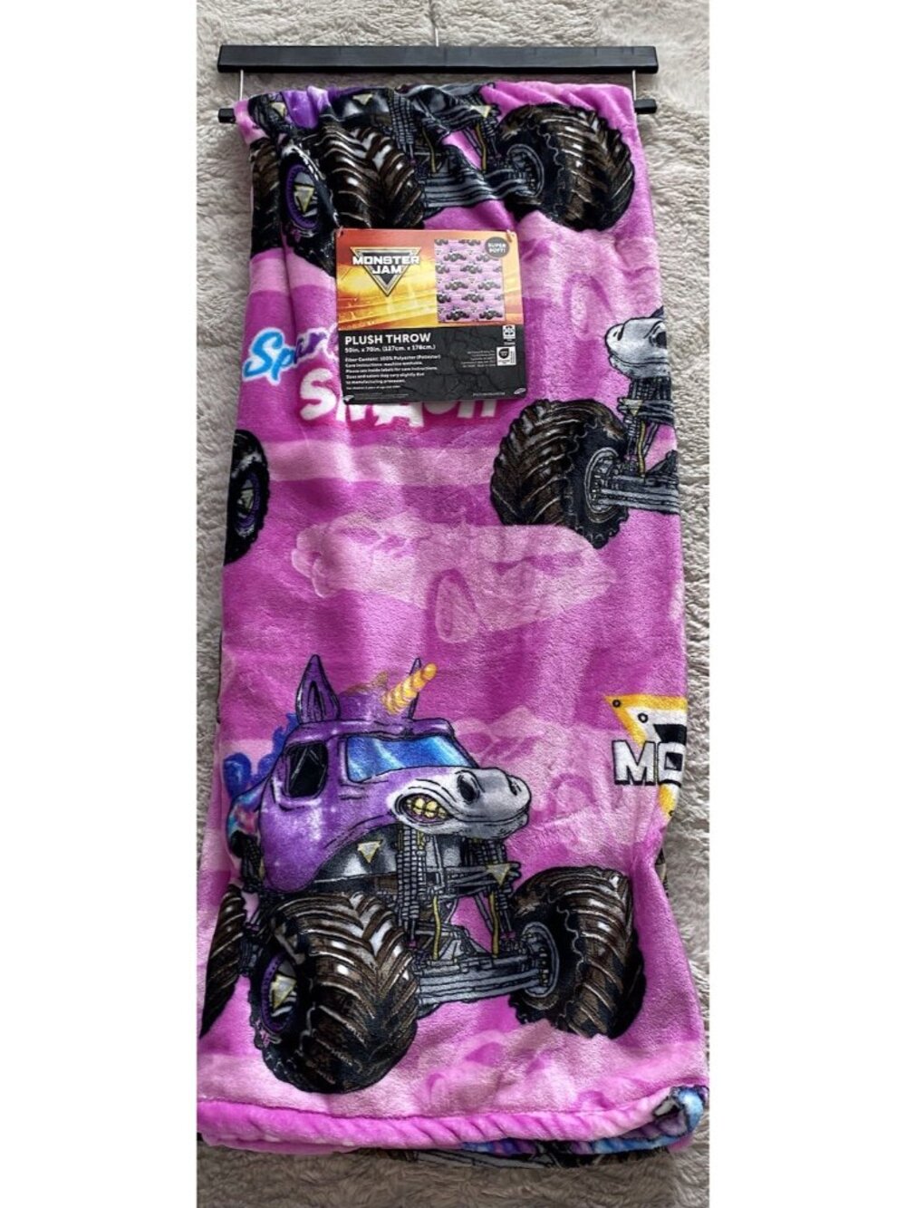 Monster Jam Sparkle Smash Super Soft Throw Blanket 50” X 70” Pink NEW